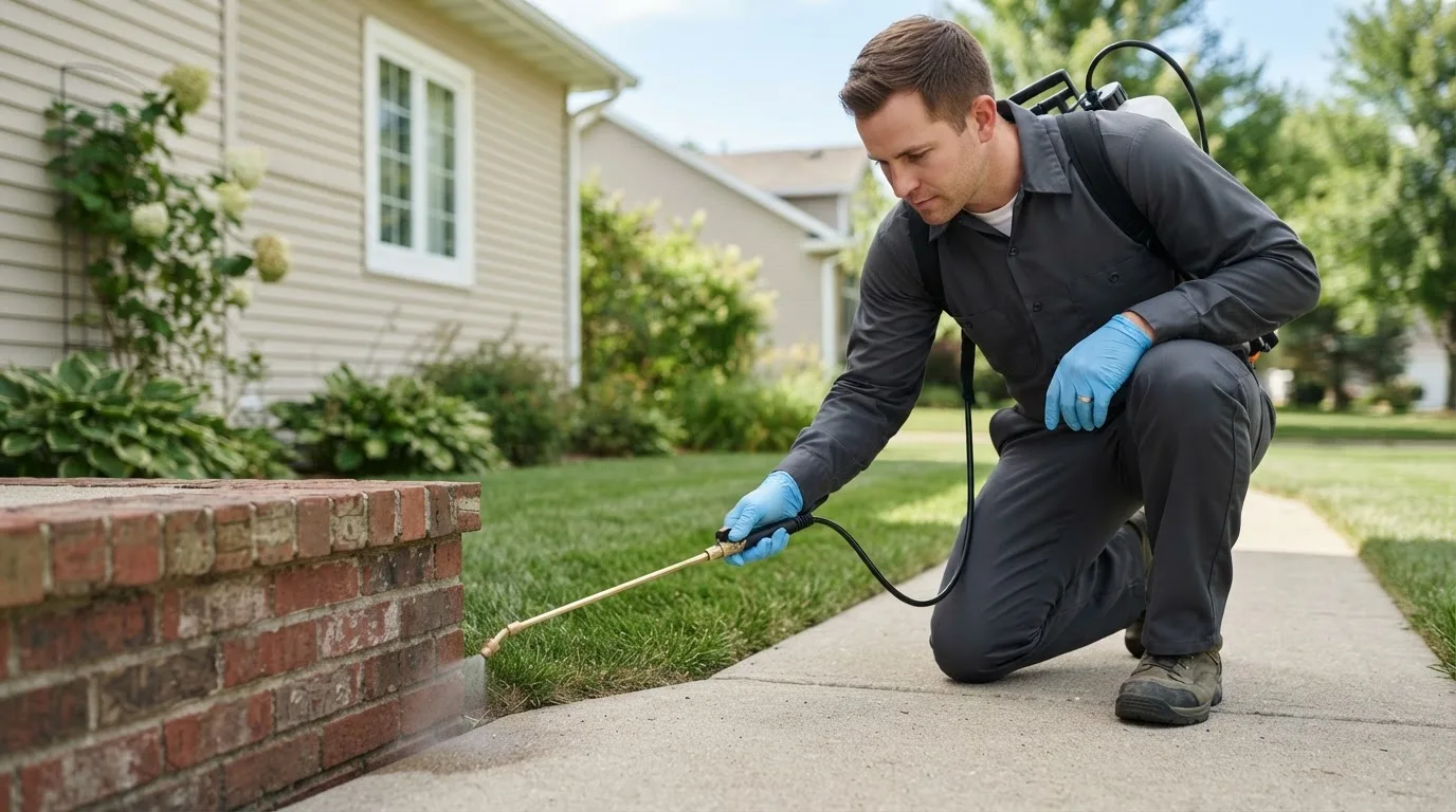 Pest control technician treating a home near Jeromesville, OH